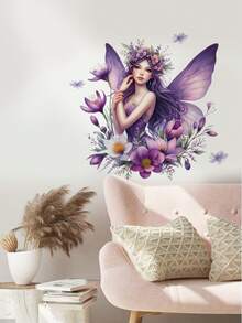 1pc Multi-Size PVC Removable Wall Sticker, Featuring Elegant Purple Fairy, Butterfly Bouquet, Girl Silhouette With English Letters, Cute Fairy On Swing, Clouds And Hearts Decor, Suitable For Bedroom, Living Room, Study, Dining Room, Bathroom, Home Wall Decoration - Multicolor - View 1