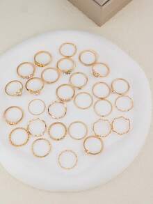 28pcs Minimalist Rhinestone Heart & Wave Rings, Gold Geometric Knuckle Rings Set [Size Noted, Closed Rings, Please Do Not Force Open]
