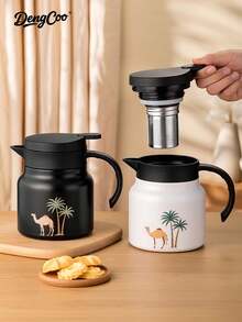 Dengcoo 1pc 800ml Stainless Steel Vacuum Flask, Insulated Teapot With Infuser, Saudi Style Tea Kettle, Coconut Tree And Camel Pattern Water Pot, Coffee Pot, Double-Walled Vacuum Carafe Jug For Party/Home/Office/Gifts - Pot - View 2