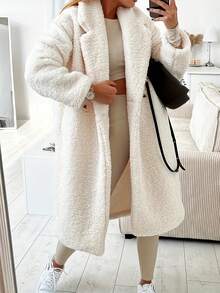 及膝纯色柔软抓绒家居服，带纽扣口袋，秋冬季 - 白色 - 查看 3