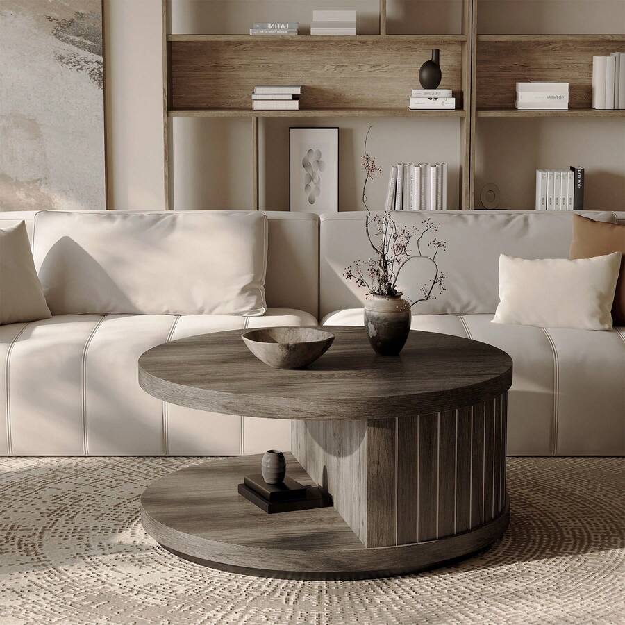 31-Inch Round Wood Coffee Table With Open Shelf, 2-Tier Design, Ideal ...