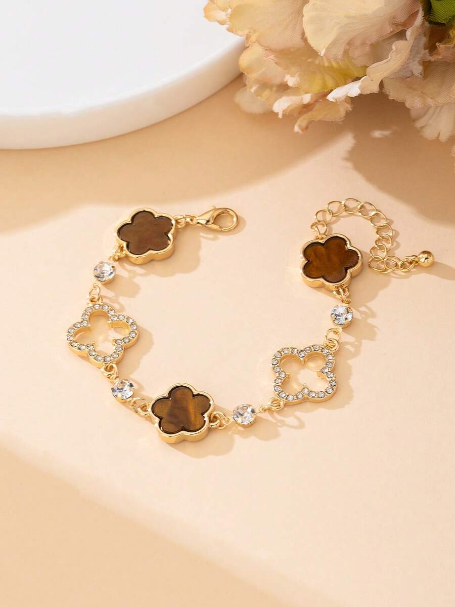 1pc Elegant Luxury Rhinestone Hollow Clover Brown Sweet Five-Leaf Clover Women Bracelet - Brown - View 1