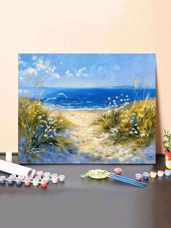 DIY Paint-By-Numbers Kit - Ocean Beach Scenery, Frameless Acrylic Canvas Painting Set, 15.7x19.7 Inches - Perfect For Home Decor & Gifts