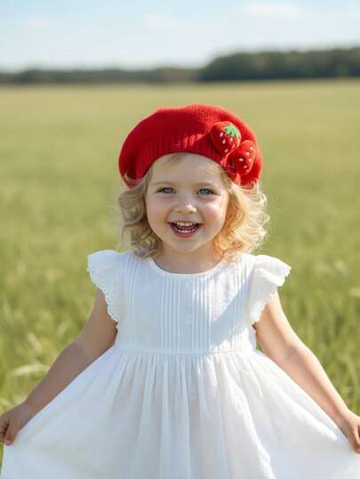 قبعة بيريه مضفرة بتصميم الفراولة للبنات، جديدة لموسم الخريف/الشتاء، قبعة طفل، قبعة فنان مضفرة، قبعة زخرفية، قبعة من سلسلة الفواكه، قبعة مضفرة دافئة زخرفية، حفلة الفواكه