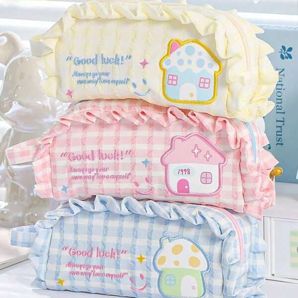 Estuche de lápices grande y lindo con capacidad, con diseño de casa afortunada con adornos, portátil, de alto valor estético, con diseño único al estilo Ins