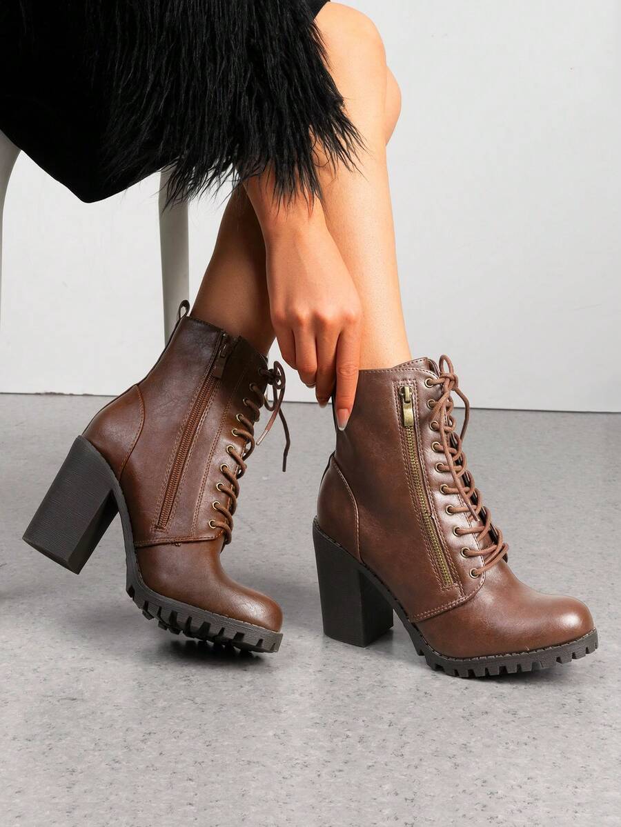 Women's Combat Ankle Boots Chunky Heel Lace Up Fashion Heeled Booties - Cà phê nâu - Xem 1