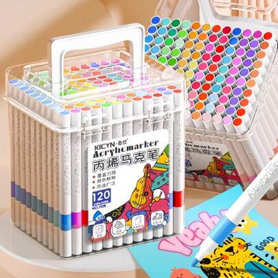 120 Colors Children's Acrylic Marker Pen Set In Bucket, School Art Painting & Office Supplies, Birthday Gift, Back To School Gift (Cover Design Random)