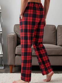 男士格子印花休闲直筒睡裤三件套，透气宽松抽绳腰带运动裤，带口袋，弹性舒适长裤，多色套装 - 彩色 - 查看 5