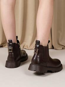 女童保暖内衬踝靴，休闲仿毛皮短靴，学院风拉链平底皮靴，简约儿童踝靴，适合秋冬季穿着 - 棕色 - 查看 6