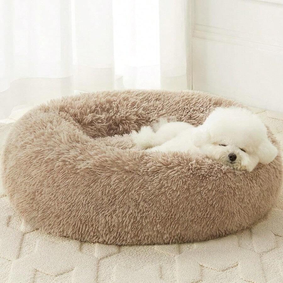 Calming Dog Beds For Large Dogs AntiAnxiety Donut Large Pet Bed With Fluffy Faux Fur Plush Comfort Warming Cozy Soft Round Design Ideal For Large Dogs And Cats Perfect Cuddler Cushion Bed For Anxiety Relief And Relaxation In Home Or Travel - 36長x36寬x10厚 - 查看 1