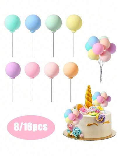 8/16个彩色迷你气球蛋糕装饰马卡龙蛋糕装饰生日派对甜点套装旋转插卡圆形椰子球纸杯蛋糕装饰适用于生日派对婚礼蛋糕装饰甜点蛋糕装饰（颜色随机）