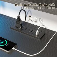 43.3"W/55'W  Computer Gaming Desk With LED Lights & USB Power Strip Home Office Desk With Drawer, Adjustable Storage Shelves & Monitor Stand For Work/Study/Gaming - 黑色 - 查看 4