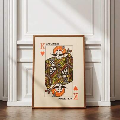1 张印度航空“红心国王”海报，复古旅行艺术，时尚海报，墙面艺术，墙面装饰，现代简约风格海报，客厅和卧室装饰，浴室装饰，理想礼物，不含画框