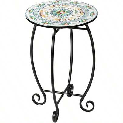 Outdoor Side Table 14" Round End Table With Mosaic Tile Top Small Plant Stand Metal Frame Accent Table Coffee Tea Table For Patio Balcony Garden Indoor Bedroom And Living Room Y0188