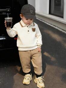 Bhchntiy 2pcs Baby Boy Autumn/Winter New Patchwork Ribbed Cute Bear Collar Jacquard Fabric Solid Color Sweatshirt And Solid Color Jacquard Fabric Pants Casual Fashion Set