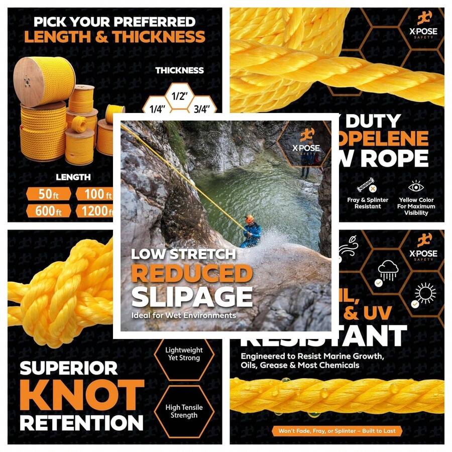Yellow Twisted Polypropylene Rope, 1/4" Thickness X 100' Length Heavy Duty Poly Ropes For Outdoor And Marine Use, Yellow Rope For Visibility & Safety - Yellow - Pack Of 1 - View 1