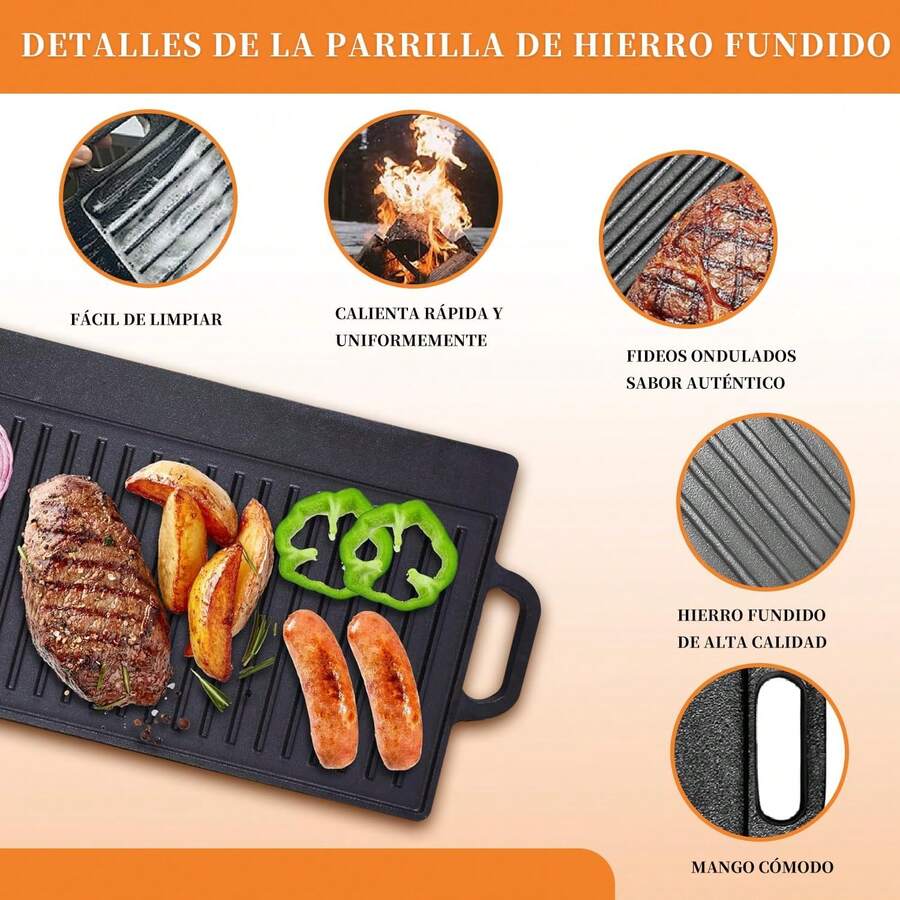 (40 * 20cm) Plancha de Hierro Fundido,2-in-1 Comal Reversible, Plancha Hierro Fundido Reversible,Parrilla Acanalada,Mano Antiquemaduras,antiadherente,Adecuado para Estufas de gas - 1 - Ver 1