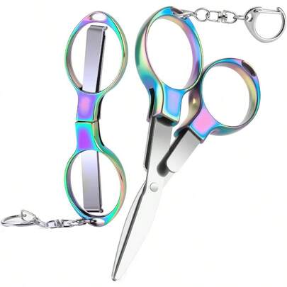 2Pcs Mini Folding Scissors  Portable Travel Mini Scissors With Keychain For Travel Home Office Craft Sewing - Compact Foldable Pocket Badge Small Shears All Purpose In Colored Design