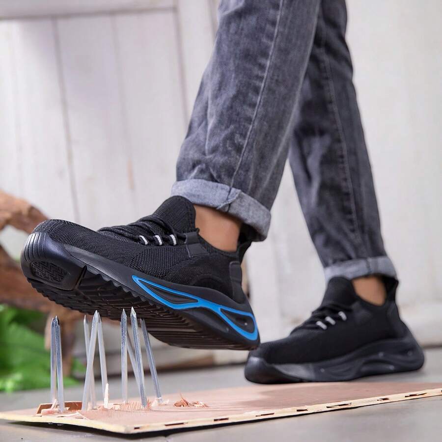 Zapatos con punta de acero, de unicolor, estilo cargo con cordones, versión brillante, zapatos de , para exteriores, para todas las estaciones, zapatos para sitios de construcción, anti-perforación, anti-aplastamiento, unisex - Negro - Ver 1