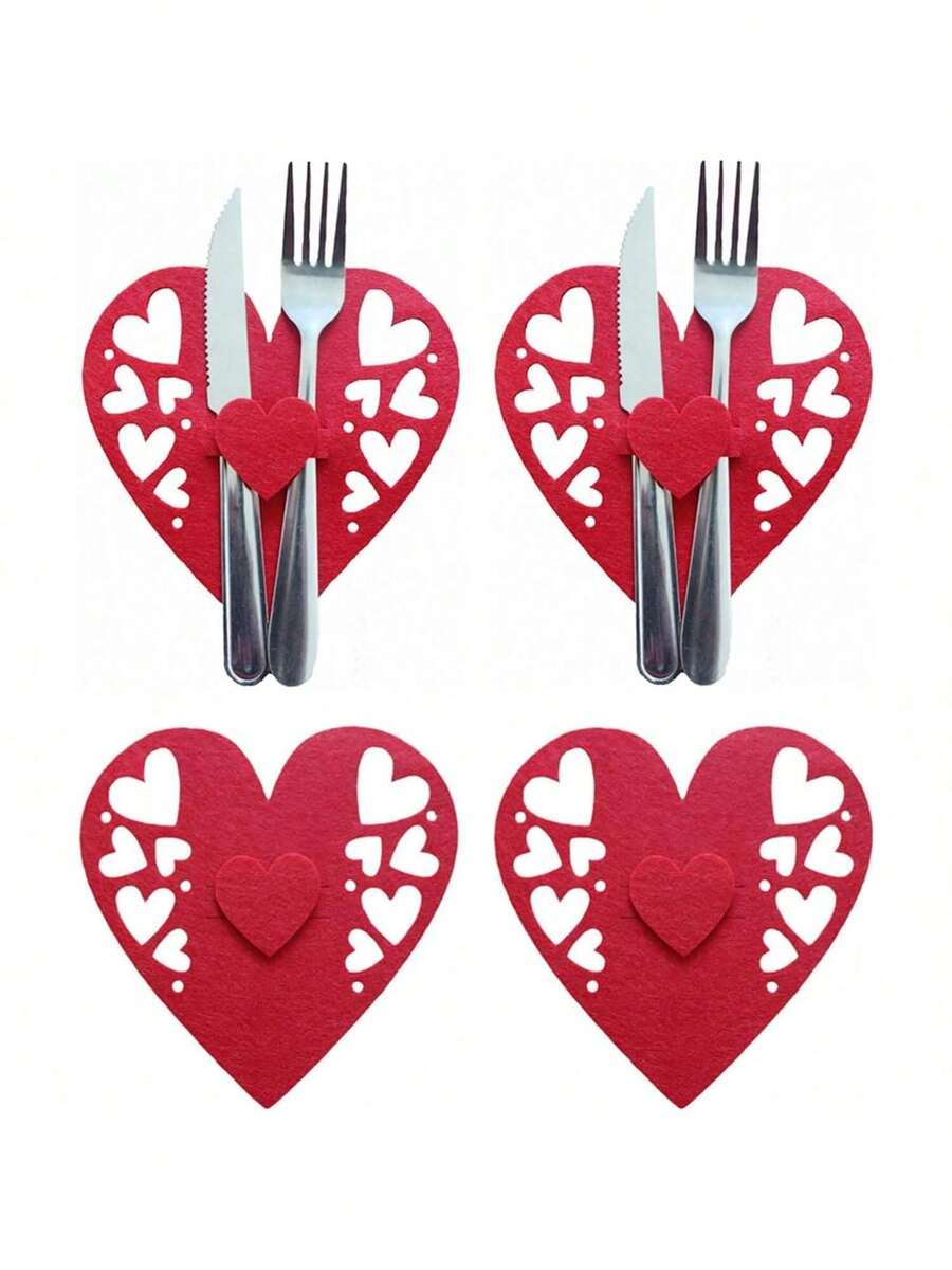 4pcs Valentine's Day Heart Cutlery Holders, Felt Silverware Storage Bag, Red Knife Fork Covers For Proposal, Wedding, Anniversary Celebrations, Mother's Day, Valentine's Day & Engagement Party Table Decorations - Multicolor - View 1