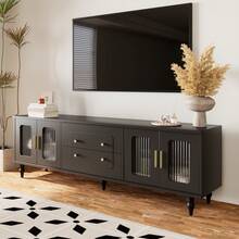 Low Cabinet, Retro-Style TV Stand: Gold Handles, Plenty Of Storage Space. With A Glass Door And Solid Wood Legs. - 黑色+刨花板+70-79英寸 - 查看 4