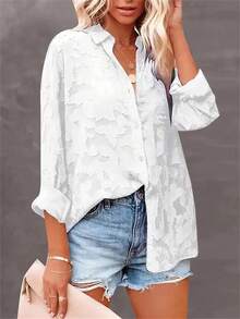 Blusa de manga larga con cuello, de gasa blanca - Blusa holgada, elegante y ajustada para mujer, de uso versátil para diario y atuendo de resort - Blanco - Ver 3