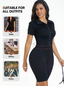 Women's Ribbed Knit Shapewear Jumpsuit, Short Sleeve, Tummy Control, Button Closure, Cropped Jumpsuit - Black - View 4