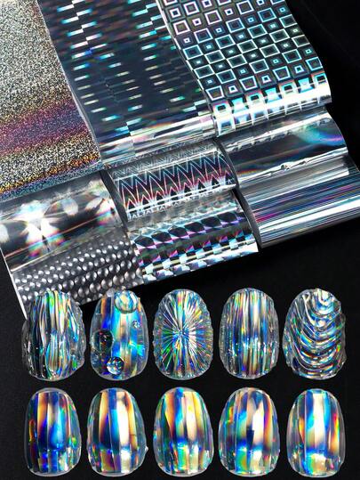 FULL BEAUTY 10片全息银色美甲贴纸，彩虹几何极光激光美甲装饰膜