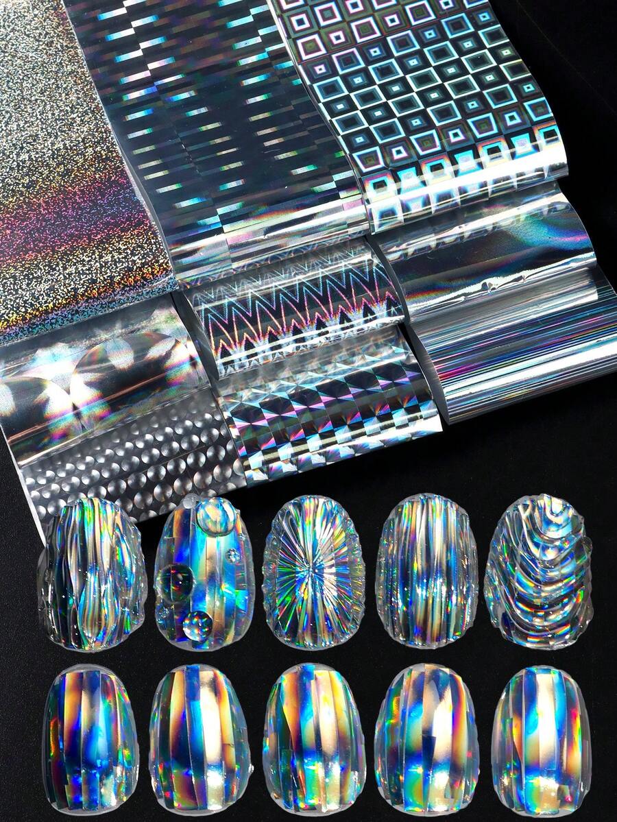 FULL BEAUTY 10片全息银色美甲贴纸，彩虹几何极光激光美甲装饰膜