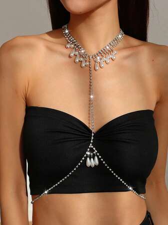 1件女士奢华高端闪亮锆石珍珠流苏吊坠项链，时尚优雅金属身体链项链，适合连衣裙、角色扮演、夜店派对、音乐节（珍珠位置随机手工制作）