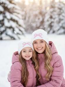 两件套刺绣蝴蝶结针织帽，一顶成人款和一顶儿童款，母女同款保暖针织帽，适合1-6岁儿童，秋冬季 - 2pcs - 查看 12