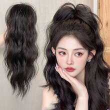 波浪卷曲中长瀑布式假发，自然蓬松高冠增发，半扎发造型，龙骨形发爪，轻盈卷发假发夹，冬季发饰，优雅爪夹，夏季海滩度假风 - 彩色 - 查看 14