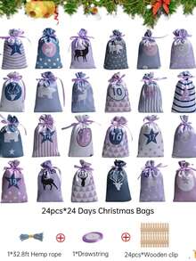 24 个圣诞节降临节礼品袋 DIY 日历挂袋格子抽绳袋袜子储物袋礼物圣诞礼品袋派对礼品袋，24 个日历挂袋格子抽绳袋储物袋礼物圣诞礼品袋派对礼品袋，适用于婚礼、生日、礼物、父亲节、感恩节、圣诞节、新年、节日礼物、圣诞节 - 彩色 - 查看 9