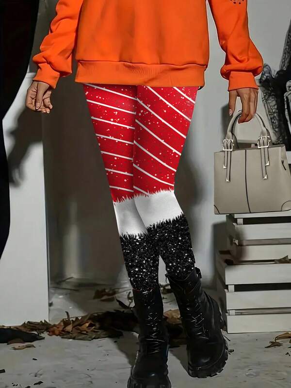 1 pieza Leggings de mujer con patrón de bloques de color navideños, mallas de tela elástica, pantalones de yoga de alta elasticidad y elegante moldeado, adecuados para entrenamiento, gimnasio, exterior, otoño/invierno