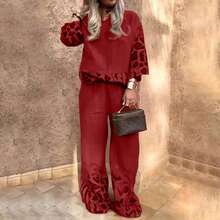 Bộ đồ 2 mảnh dành cho nữ cỡ lớn, kiểu dáng thanh lịch với áo tay lửng 3/4 và quần ống rộng, họa tiết da báo phối ghép, trang phục thường ngày cho mùa xuân/hè, cuối tuần và đi làm, dáng vừa vặn. - Đỏ - Xem 4