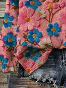 Autumn/Winter New Floral Romantic Print Crew Neck Long Sleeve Knit Sweater Top - Multicolor - View 4