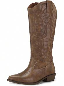 Women's Cowboy Boots Mid Calf Embroidered Western Pointed Toe Chunky Heel Pull On Boots, Cowgirl Style - Solid Brown - View 11