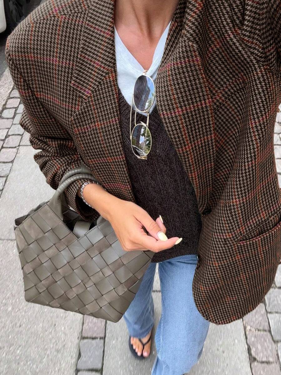 Áo blazer nữ dáng rộng kẻ caro phong cách công sở thường ngày mùa Thu/Đông mới, áo blazer len dày dặn kẻ caro dành cho nữ đi nghỉ mát - Màu nâu - Xem 1