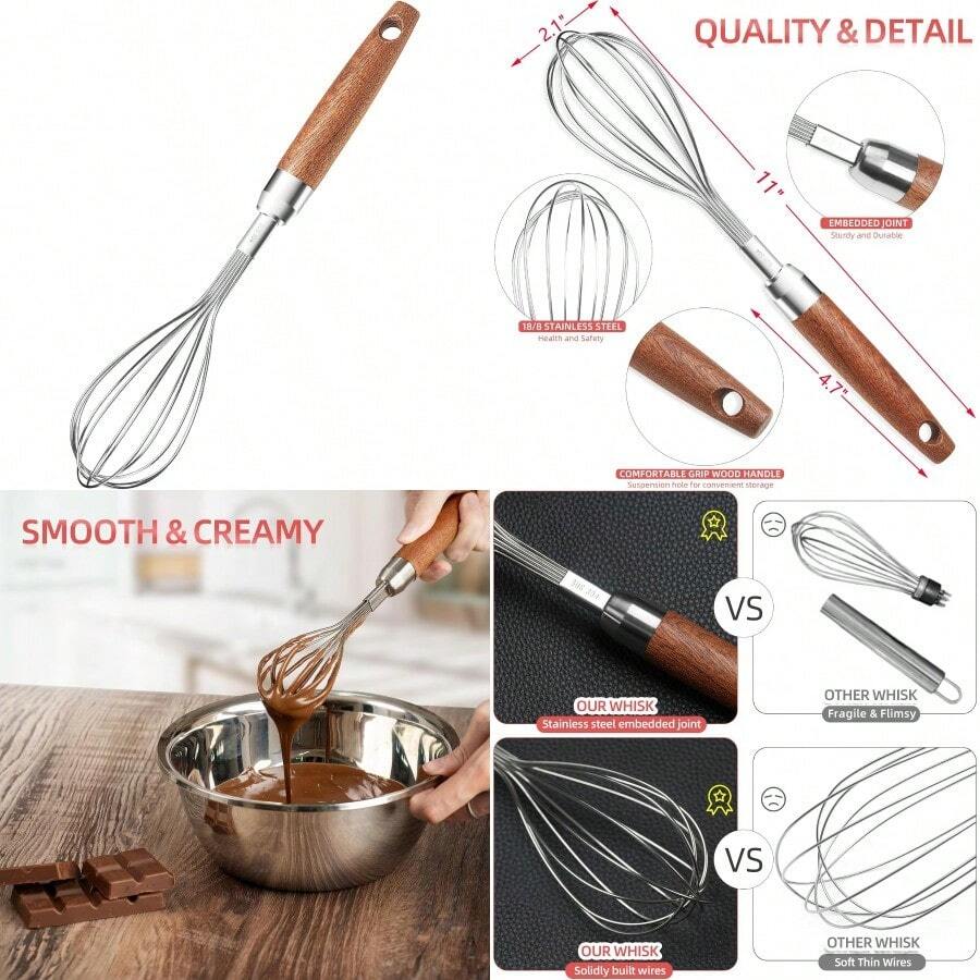 Whisk For CookingStainless Steel Wire Wooden Handle Kitchen Multi Function Non Stick Balloon Whisk Egg Beater For Blending Whisking Beating Frothing Stirring Batters 11"L X 2.1"W - 11 英吋長 x 2.1 英吋寬 - 查看 1