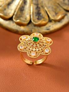 1pc Luxurious And Elegant Flower Openwork Design Ring For Women, Vintage And Noble Ring With Cubic Zirconia.Featuring An 18k Gold-Plated Adjustable Band. Perfect For Wedding, Parties, Banquets, Holiday Celebrations, Gift Giving And Other Special Occasions. - Luxurious - View 8
