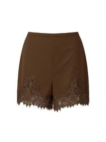 Women Satin Silk Shorts Lace Trim Patchwork Mini Micro Shorts Silky Elastic Waist High Rise Coquette Lounge Slip Bottoms Y2k Summer Wide Leg Lounge Shorts For Streetwear - màu nâu - Xem 6