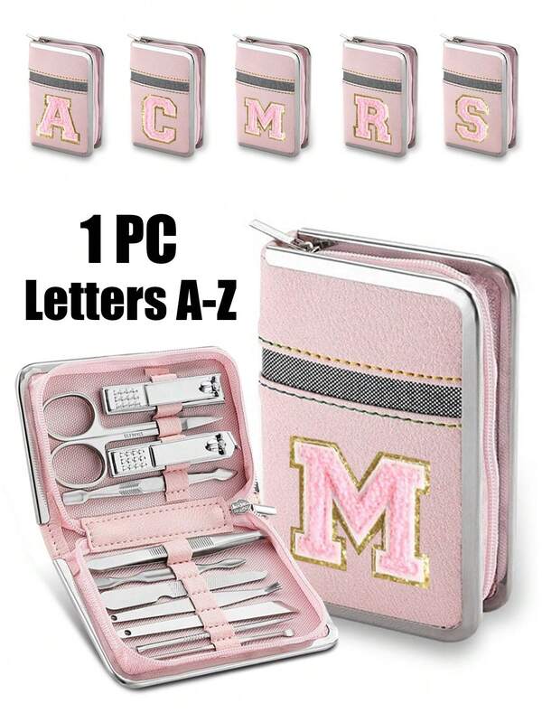 11-Piece Stainless Steel Nail Care Kit With Pink Embroidery Of The 26 Initials, With Portable Organizer,Multifunctional Beauty Essential,Nail Clipper Kit Manicure Set,Vacation Ready For Gym, Professional Manicure & Pedicure Kit, Nail Care Tools With Case, Grooming Kit,College Dorm,Bathroom,Self Care Kit,Home, Workplace, Outdoor Travel,Camping