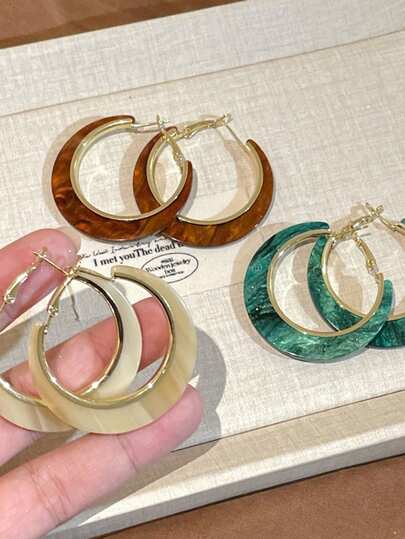 1 Pair Resin & Metal Geometric Hoop Earrings, Women Vintage Versatile Earrings, Fashion, Casual, Holiday, Party