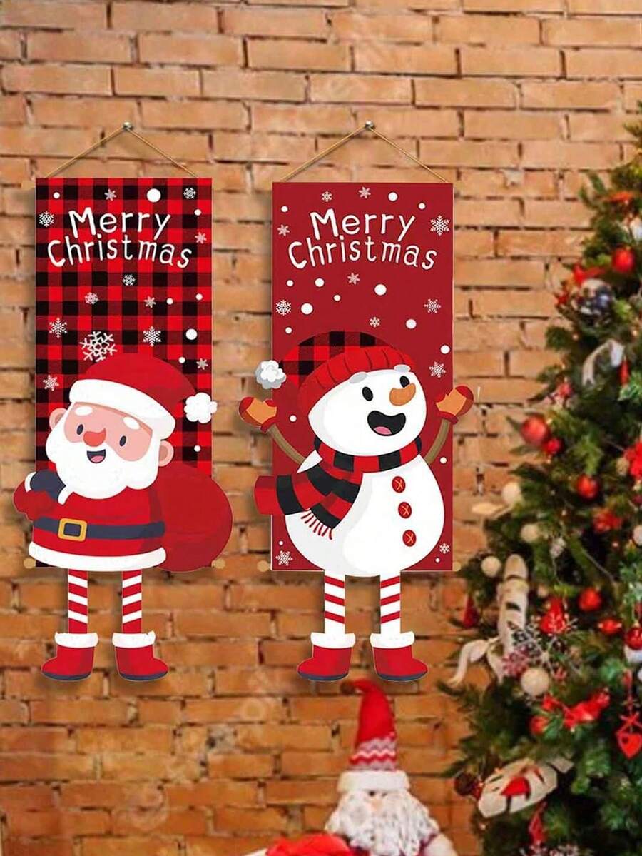 1 set Banderines decorativos de Papá Noel, banderines navideños a cuadros rojos y negros con Papá Noel y copos de nieve, decoraciones de fondo navideño, decoraciones de pared para fiestas, decoraciones de cortina de puerta navideña, decoraciones navideñas para el hogar, decoraciones navideñas para regalo para crear un ambiente festivo. - Multicolor - Ver 1