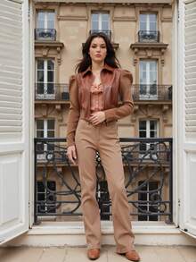 D&M Elastic Faux Leather Patchwork Ribbed Slim Fit Short Jacket - Brown - View 8