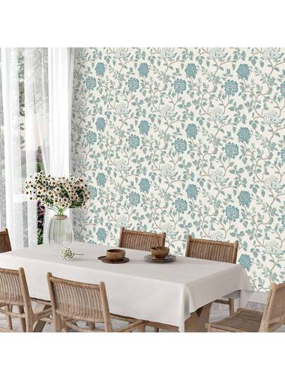 Roll Blauw Bloemen Self Adhesive Wallpaper, Vintage European Botanical Peel Stick Bohemian Aesthetic Home Sticker, Waterproof, Removable, Easy To Cut Install, Living Room, Bedroom, Fireplace, Kitchen, Entryway, Furniture Renovation Like Cabinets, Tables, Vanities, Dressers view 4