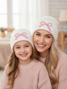 两件套刺绣蝴蝶结针织帽，一顶成人款和一顶儿童款，母女同款保暖针织帽，适合1-6岁儿童，秋冬季 - 2pcs - 查看 11