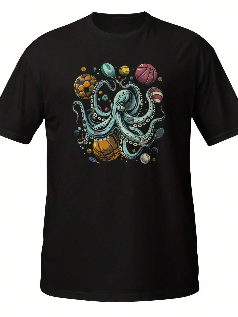 Sports Octopus T Shirt Funny Octopus Juggling Balls Tee Cartoon Athlete Octopus Football Basketball Soccer Humor T-Shirt,This Fun Printed Casual T-Shirt Is The Perfect Gift For Valentine's Day/Christmas - 款式29 - 查看 1