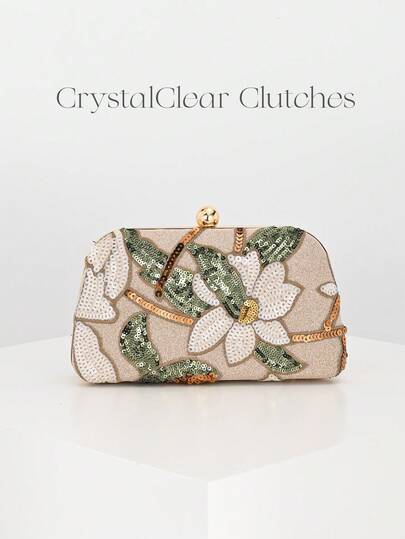 Elegant Shiny Multicolor Leaf & Floral Patchwork Crossbody Clutch Bag, Vintage Chain Strap Evening Bag, Mini Square Box Handbag, Suitable For Party Girls, Brides, College Students, Young Professionals, Versatile For Party, Prom, Wedding, Perfectly Matched With Party Accessories, Pattern Sent Randomly