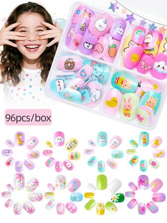 1pc Kids Nail Art Set, Cartoon Colorful Pattern Fake Nails For Girls, Rainbow Gradient Full Cover Nail Tips, Short False Nails, Cute Gift For Children Nail Salon DIY Nail Art Decor